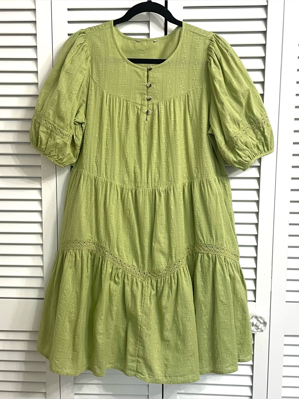 M&S Marks Spence Cotton Tiered Pistachio Green Boho Dress Short Sleeve Sz 8